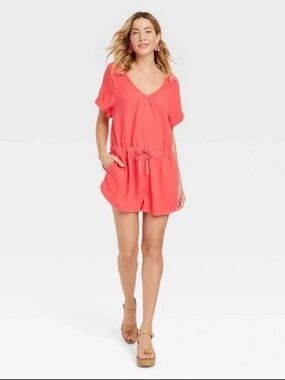 Universal Thread Short Sleeve Linen Blend Romper - Coral Pink - Size L